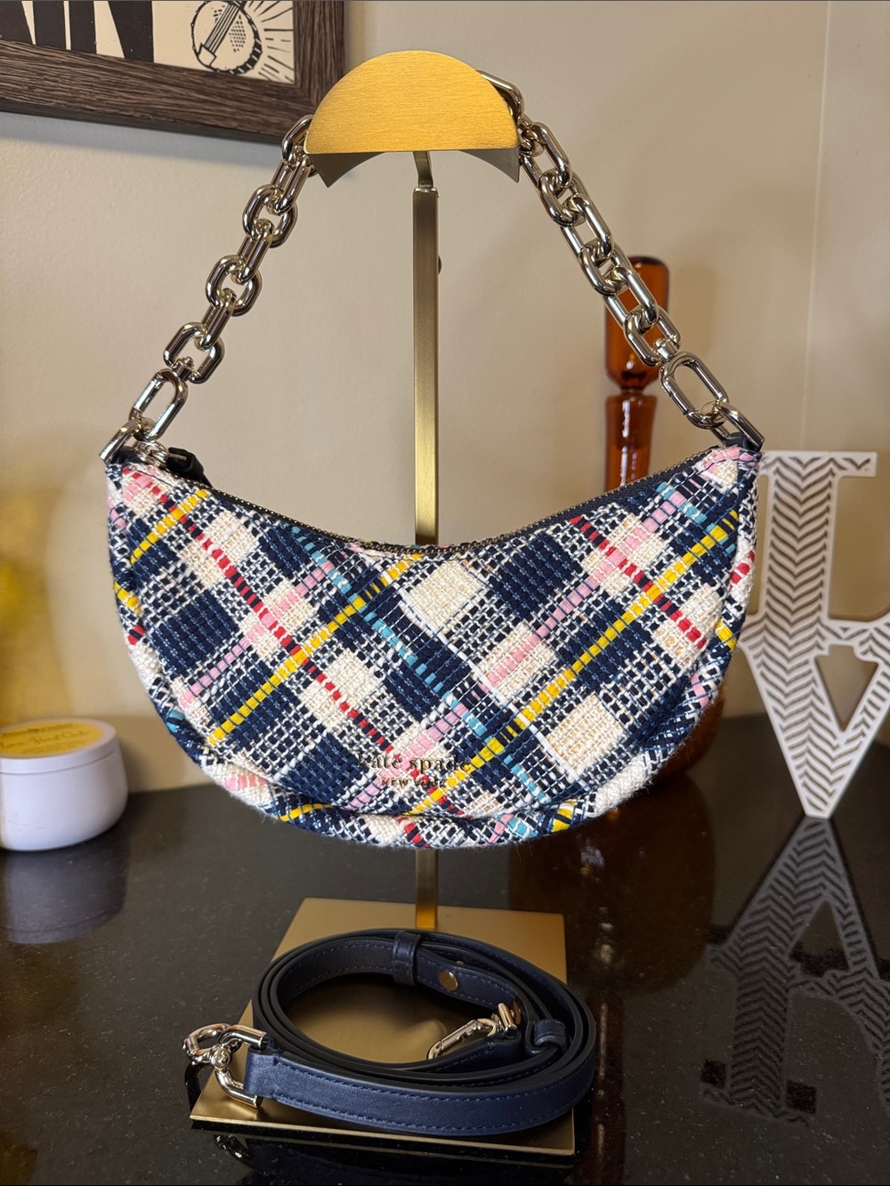 kate spade Navy Multicolor Plaid Tweed Crescent Bag